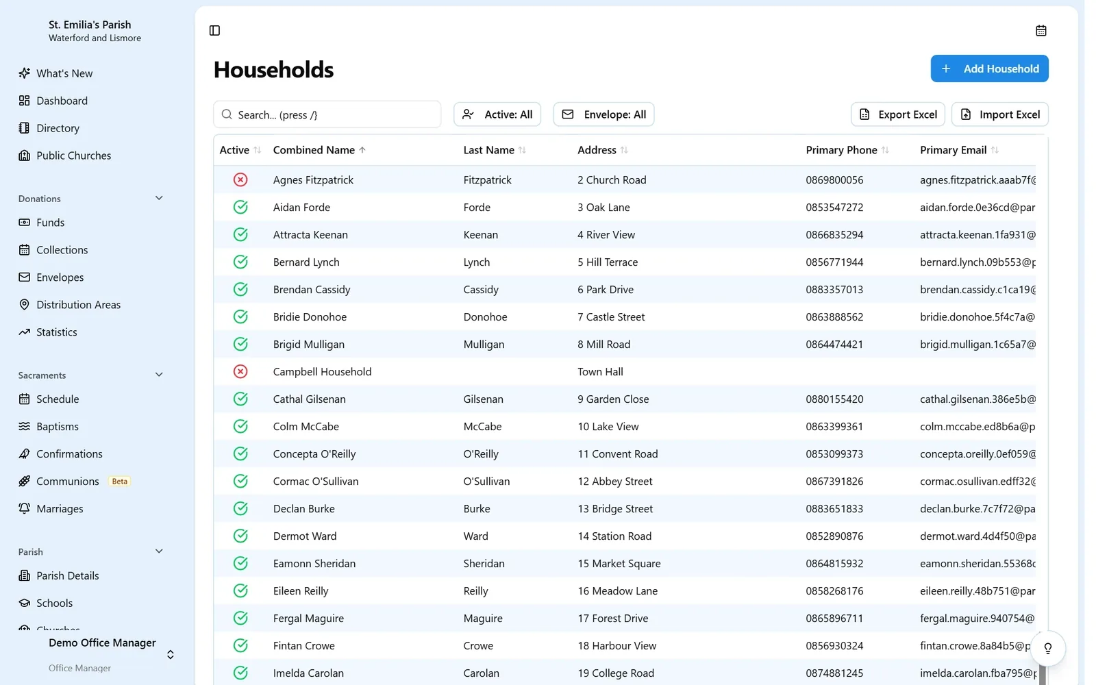 Households list with active status, combined name, address, phone and email columns, plus Import Excel and Export Excel buttons