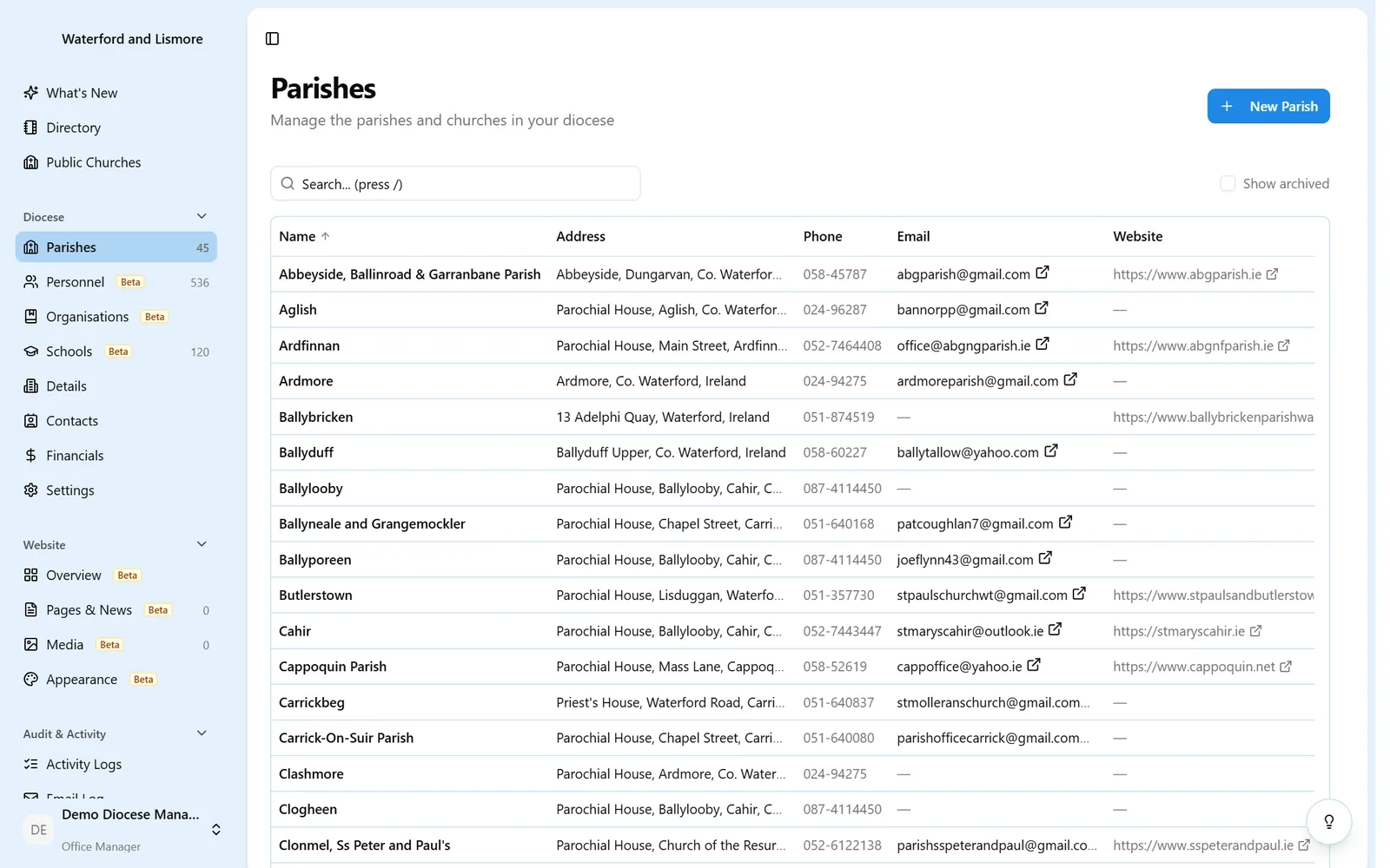 Parishes register for the diocese listing each parish with address, phone, email and website