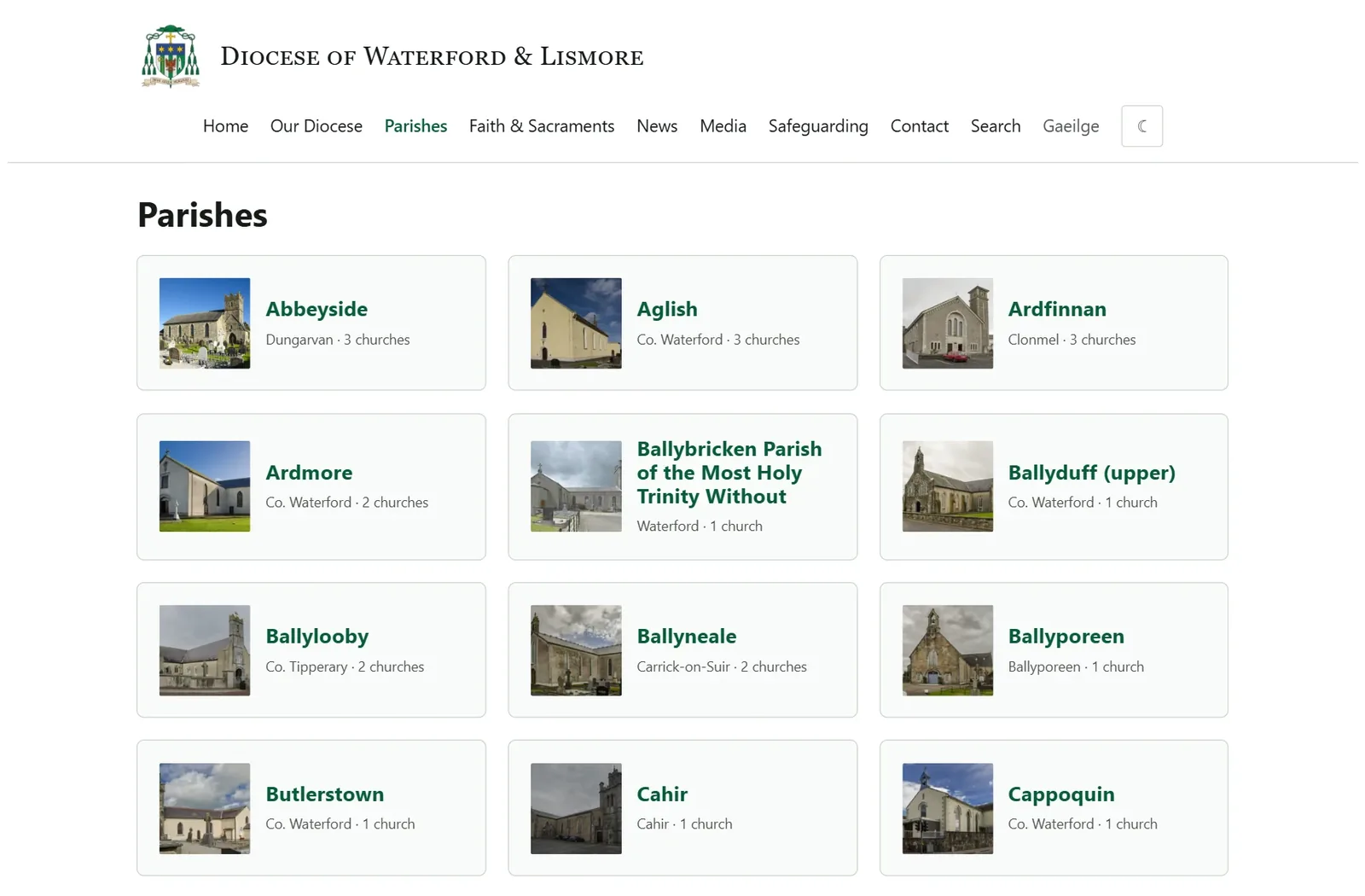 The Parishes page of the diocesan website: a grid of parish cards, each with a photograph of its church, its town and the number of churches