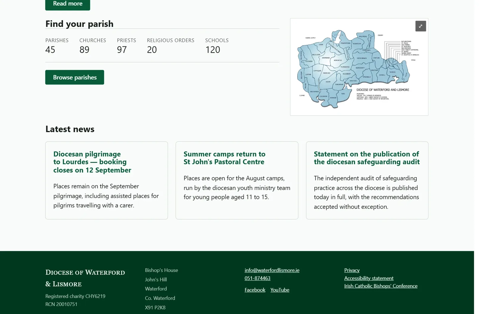 Find your parish: counts of parishes, churches, priests, religious orders and schools beside a map of the diocese, with the latest news below