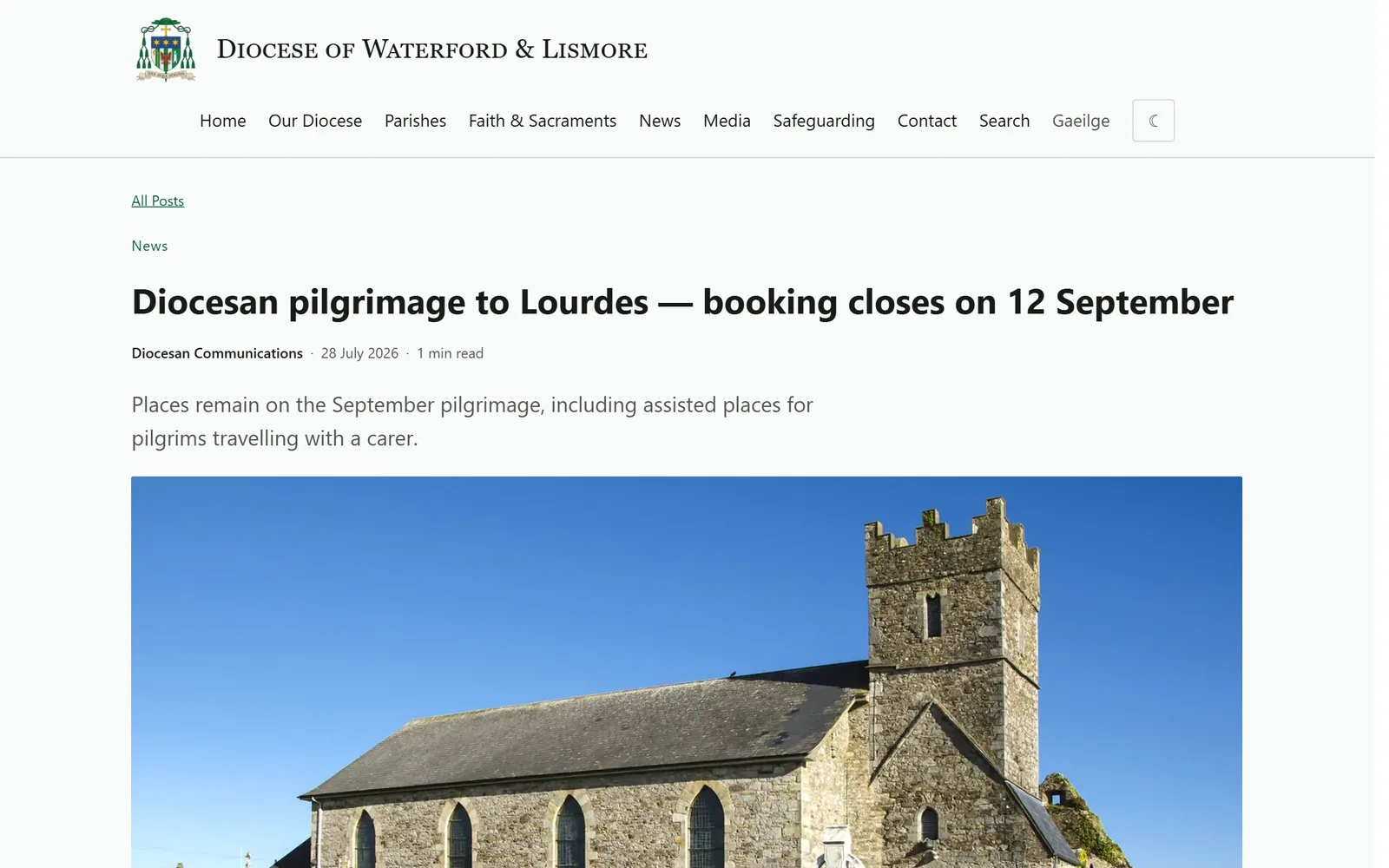 A diocesan news article with photograph: Diocesan pilgrimage to Lourdes, booking closes 12 September
