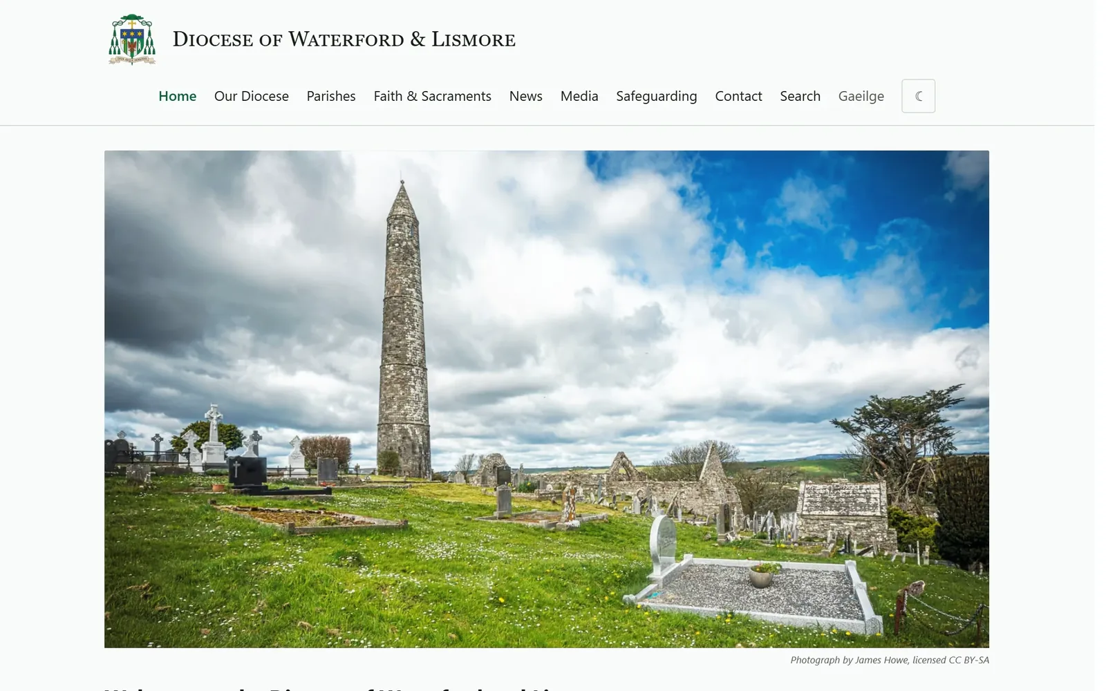 Diocese of Waterford and Lismore homepage with the diocesan crest, green navigation and a photograph of Ardmore round tower