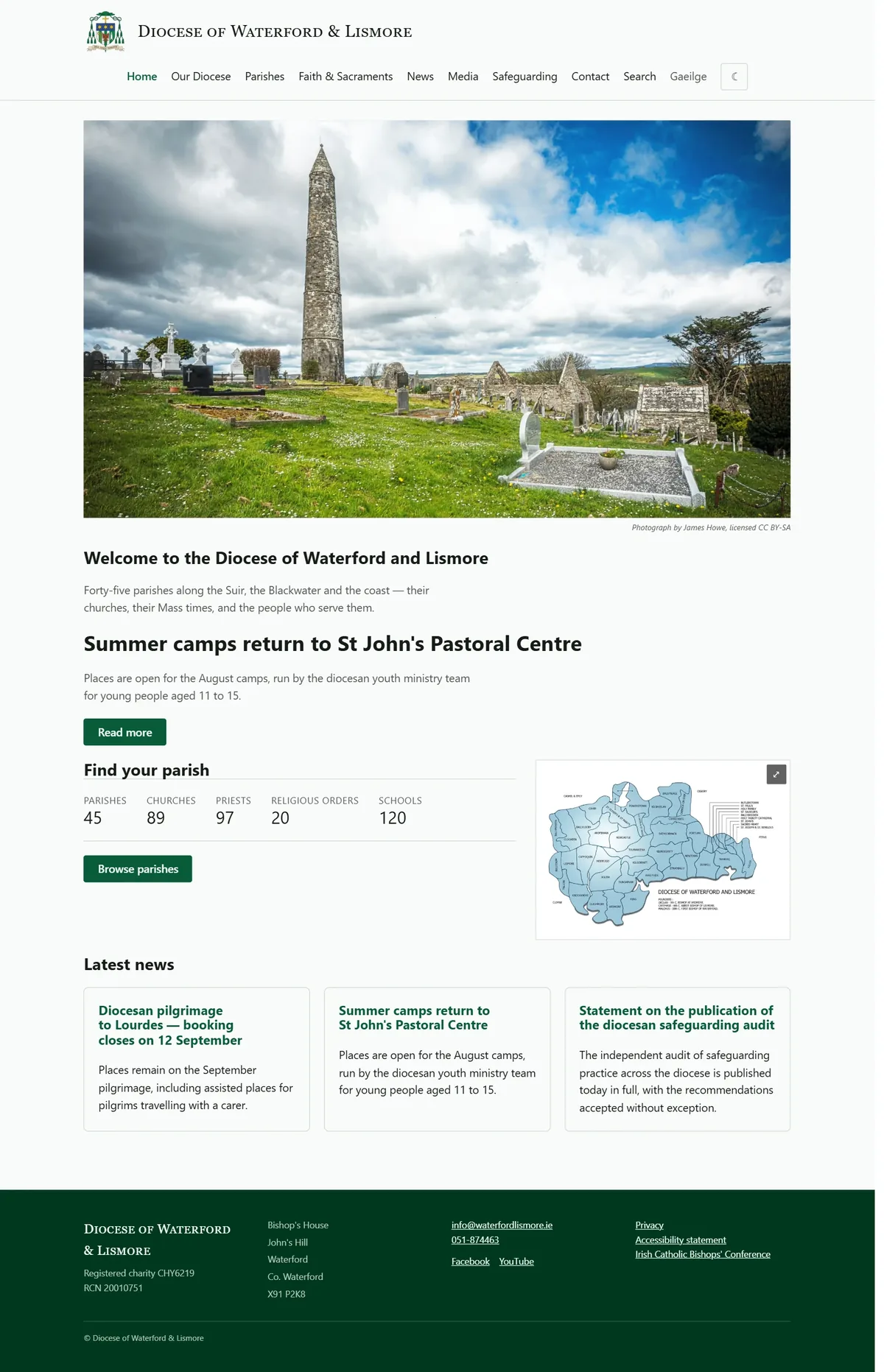 Homepage of the Diocese of Waterford & Lismore website generated by Emily Helps: photograph of Ardmore round tower, welcome text, parish finder with counts and map, and latest news